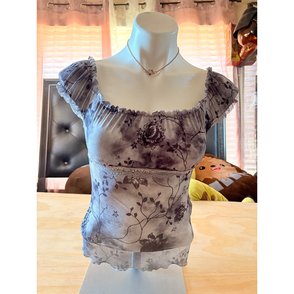 Y2K Vintage Floral Mesh Cap Sleeve Top Grey White Lace Trim Square Neck Womens